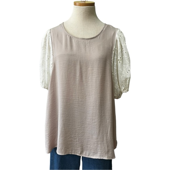 Anthropologie Dolan Embroidered Eyelet Puff Short Sleeve, Tan, size XL - Picture 1 of 13